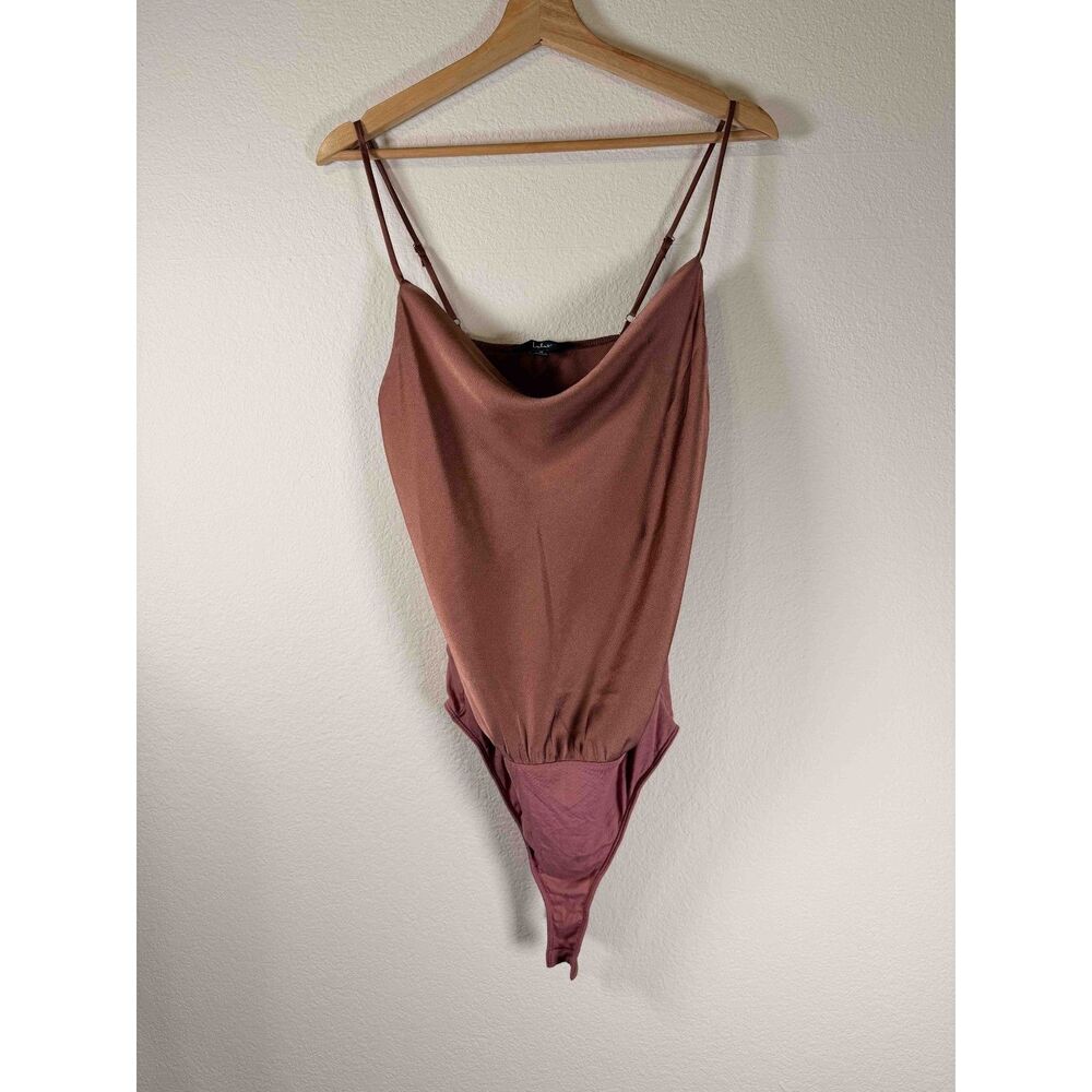 Lulus Talking Smooth Rusty Rose Satin Cowl Neck Thong Bodysuit Size M